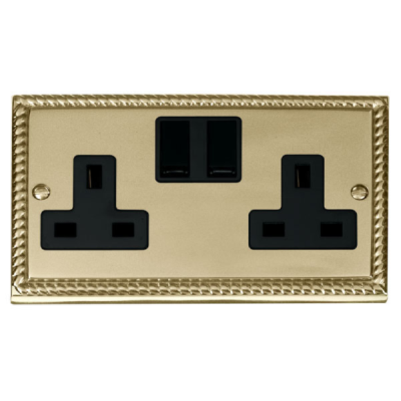 Click GCBR036BK 2G Switched Socket Outlet - Polished Cast Brass Black Insert