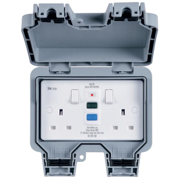 Niglon Weatherproof H-WS132R 2G 13A Double Switched RCD Socket - Grey