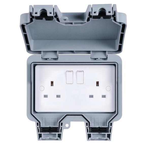 Niglon Weatherproof H-WS132S 2G 13A Double Switched Socket - Grey