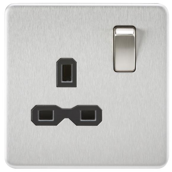 Knightsbridge Screwless SFR7000BC DP 1G Switched Socket - Brushed Chrome Black Insert