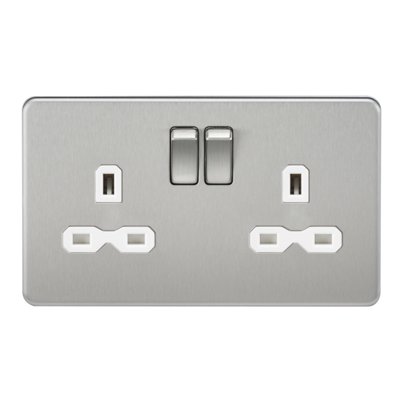 Knightsbridge Screwless SFR9000BCW DP 2G Switched Socket - Brushed Chrome White Insert