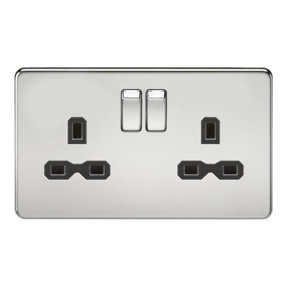 Knightsbridge Screwless SFR9000PC DP 2G Switched Socket - Polished Chrome Black Insert