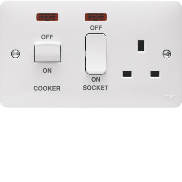 Hager Sollysta WMCC50N 45A DP Cooker Control Unit & 13A Socket with Neons - White Moulded